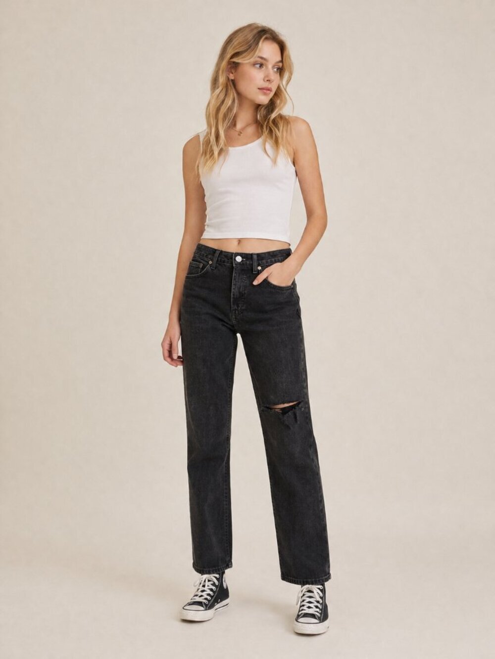 2/$30 Topshop Dad with knee rip High Rise Baggy Straight Washed Black W26 #9326